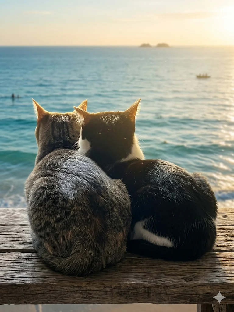 ２匹の猫が仲良く海を見ている。