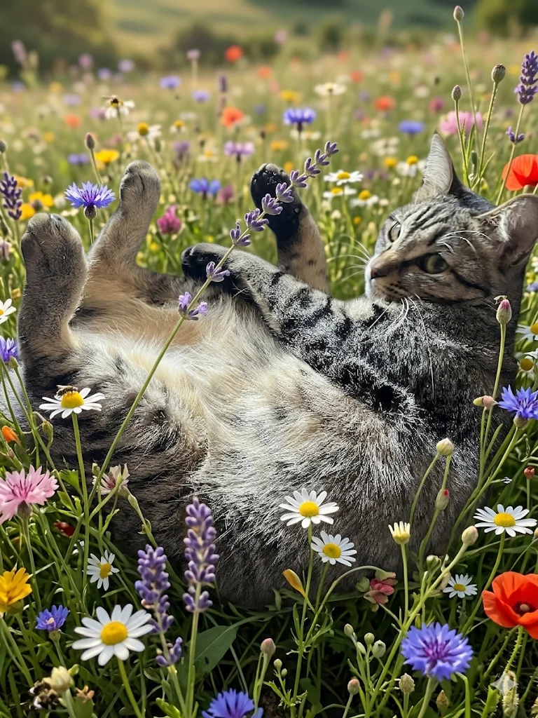 お花畑でたわむれる猫